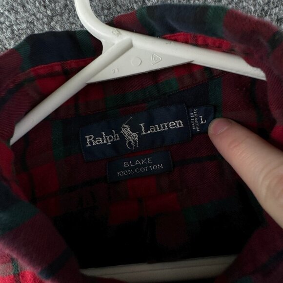 Ralph Lauren Cotton Flannel Button Up Shirt Long Sleeve Plaid Red Green Blake L - Picture 8 of 11